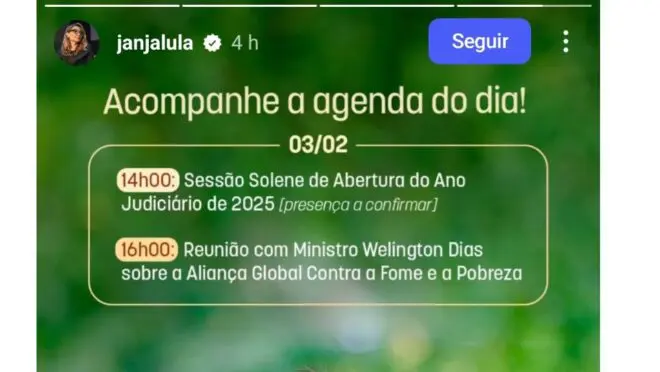 Após cobrança sobre sigilo, Janja divulga agenda pela 1ª vez