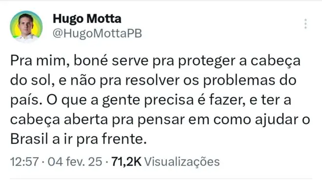 Boné não serve para resolver problemas do país, diz Hugo Motta